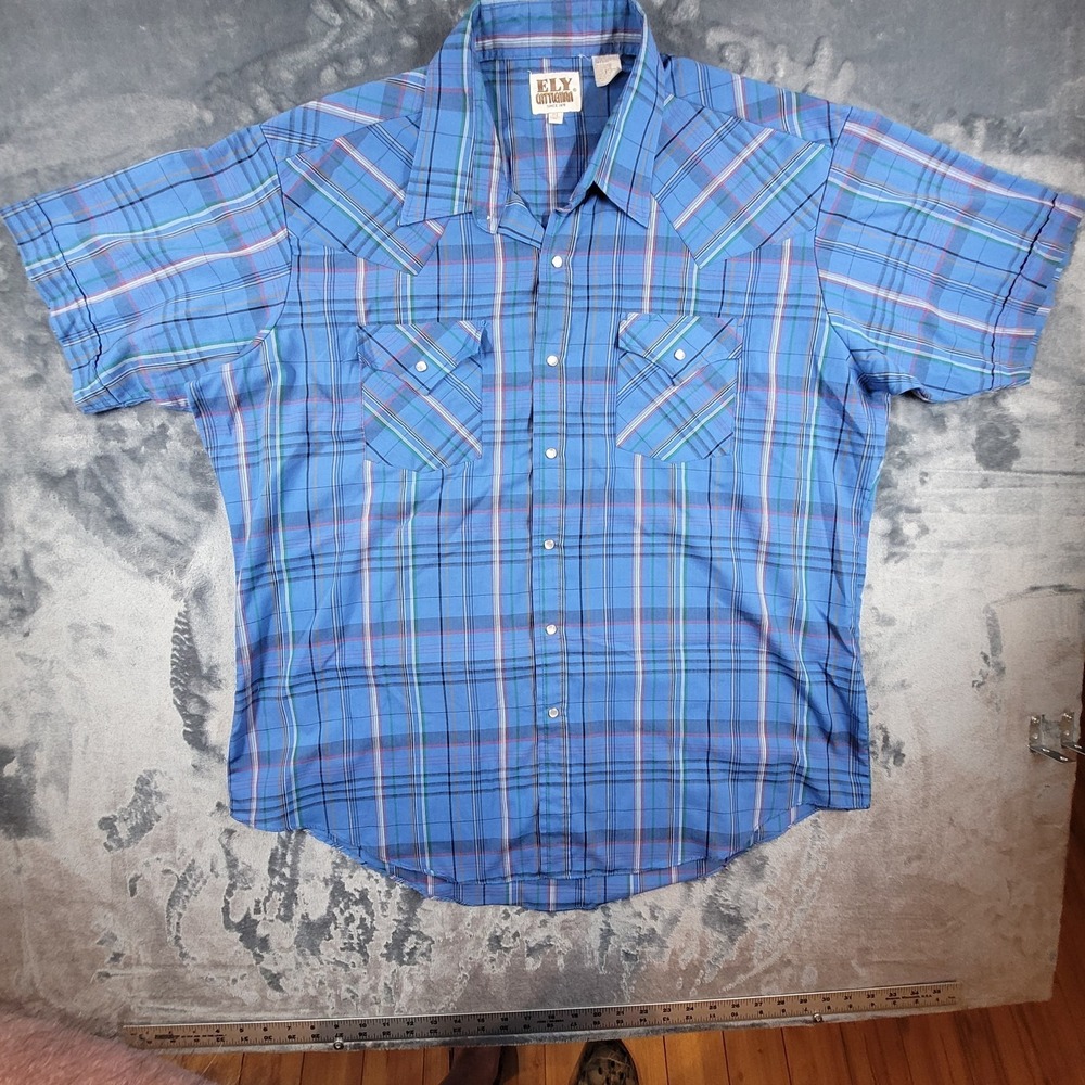 Vtg Ely Cattleman Mens Shirt Pearl Snap Blue Plaid Western XL 17 1/2